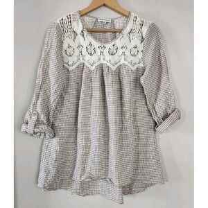 Tassels N Lace Womens M Gingham Crochet Roll Tab Sleeve Hi Lo Top Shirt Country